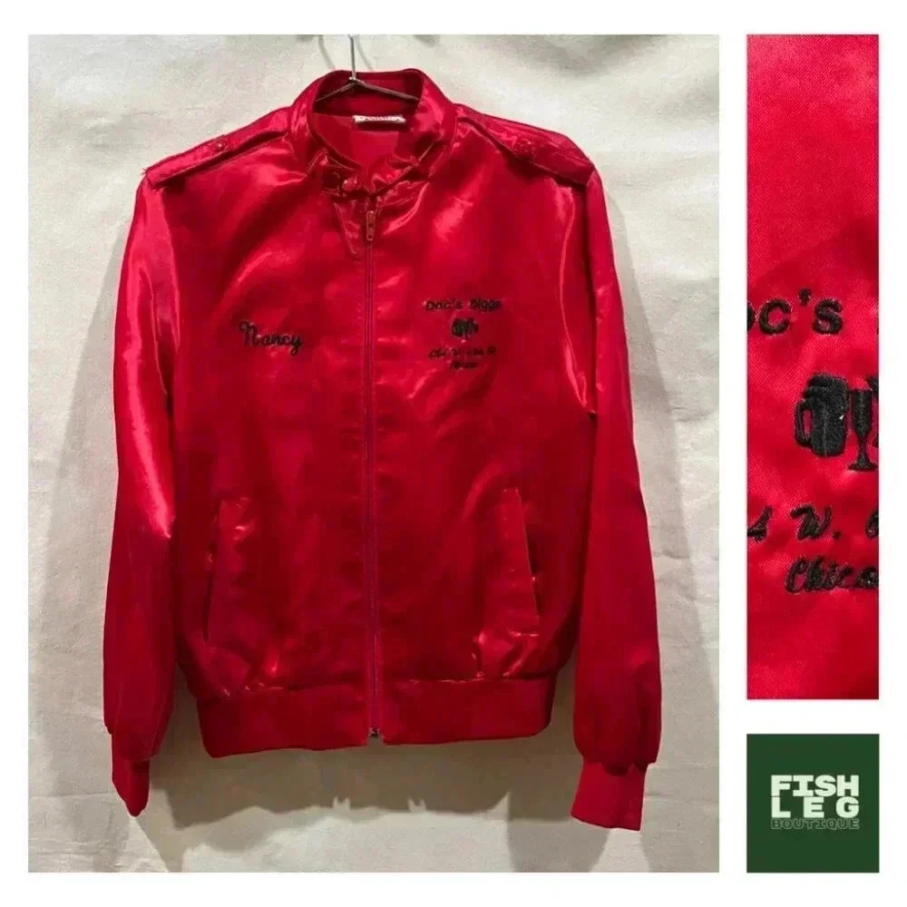 Vintage | 80s Satin "Doc's Digs" Zip Up Embroidered Bar Jacket - Red / Sz M